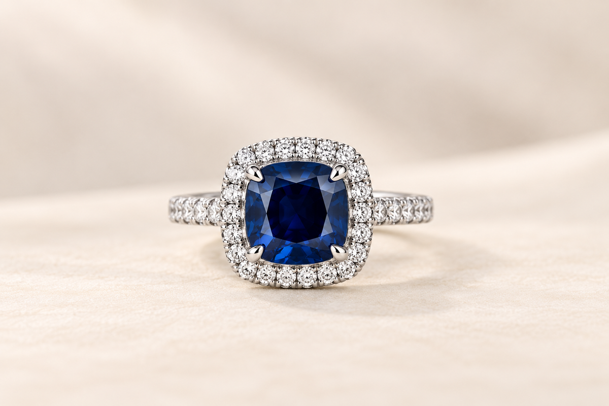 Cushion Cut Lab Blue Corundum Ring