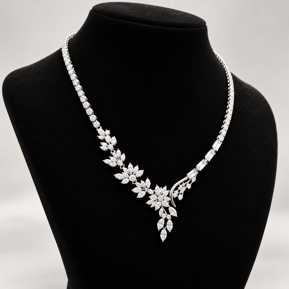 Floral moissanite necklace in 925 sterling silver, angled view