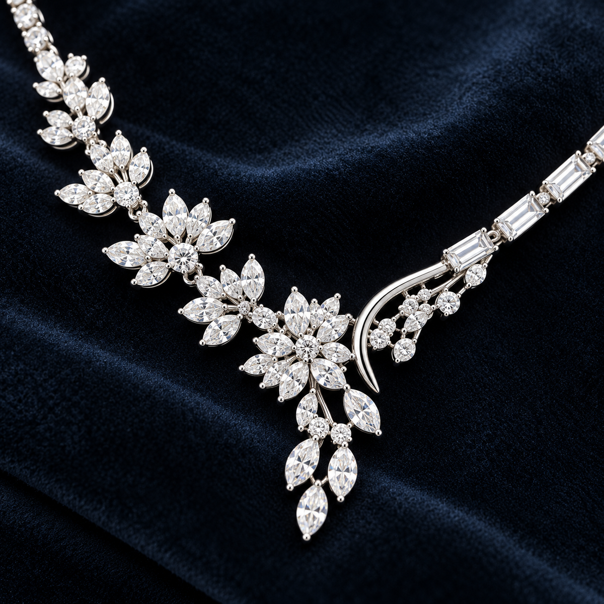 Close-up of floral moissanite necklace setting