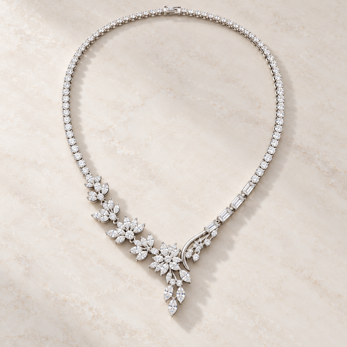 Floral moissanite necklace in 925 sterling silver, flat lay