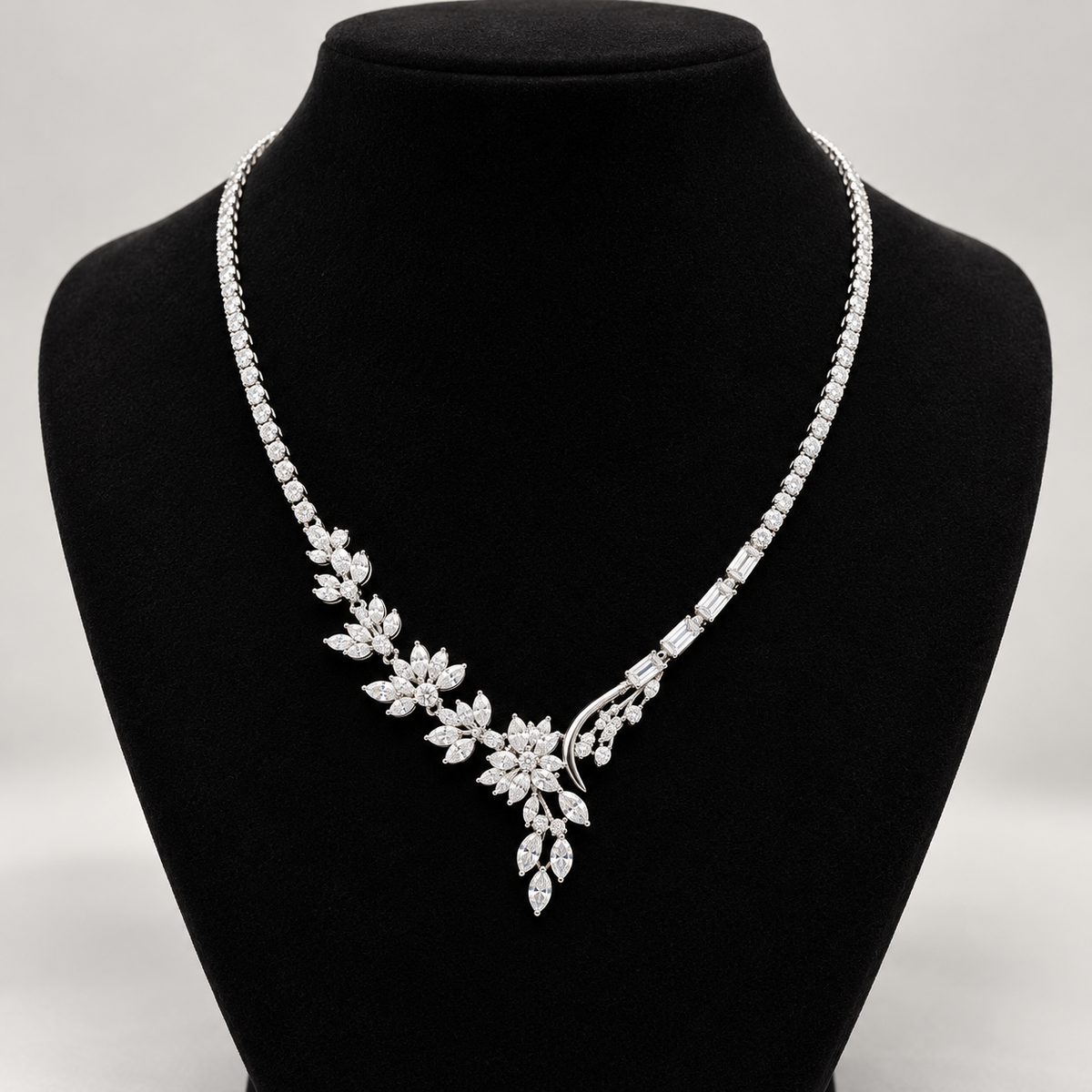 Floral moissanite necklace in 925 sterling silver, front view