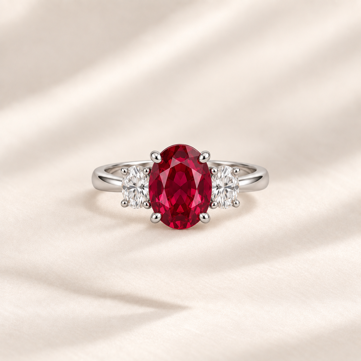 Philologi oval lab ruby three-stone ring on warm ivory silk