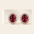 Philologi oval red lab corundum stud earrings on warm ivory silk