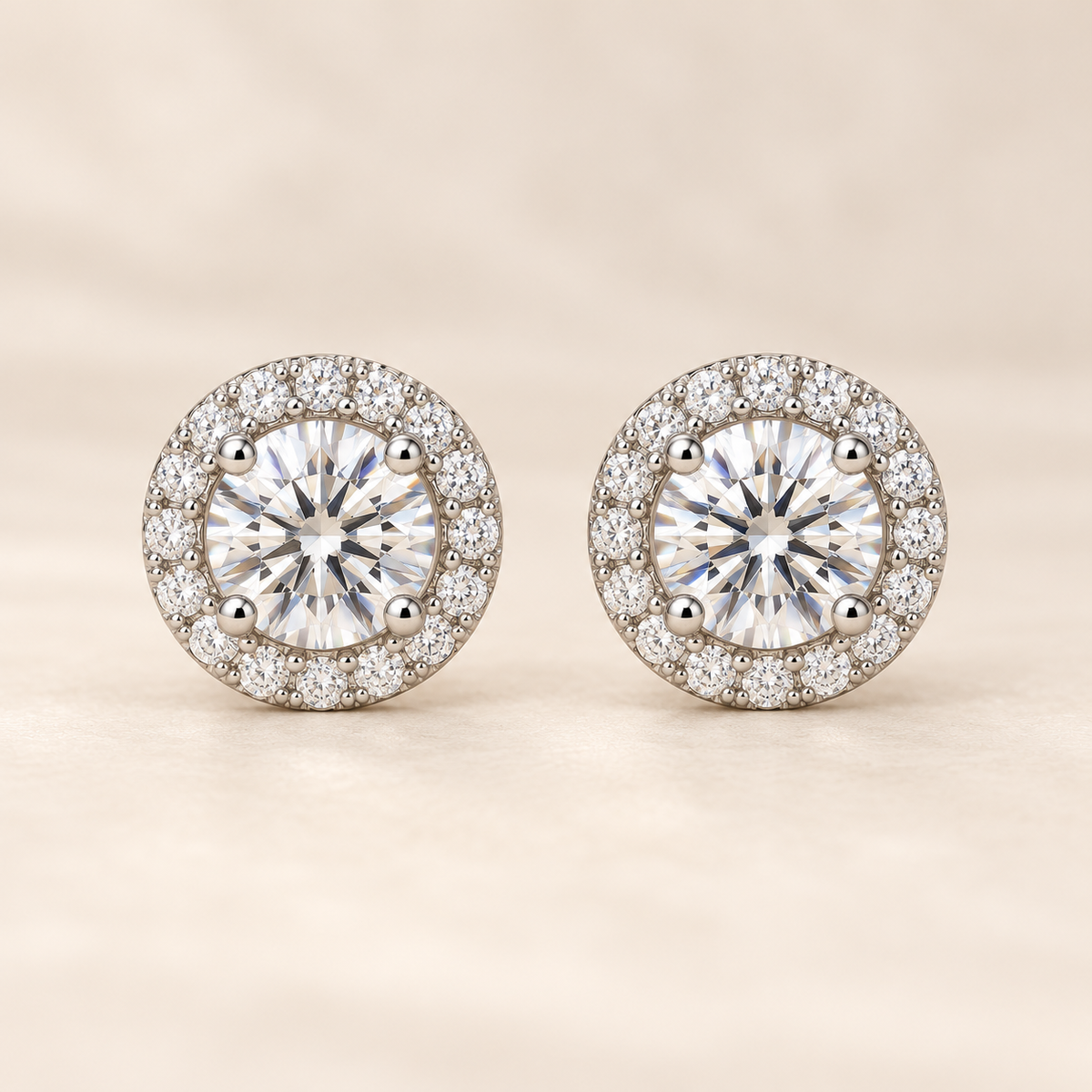 Round halo moissanite stud earrings in 925 sterling silver