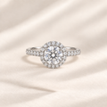 Philologi round moissanite halo ring 1ct on warm ivory silk