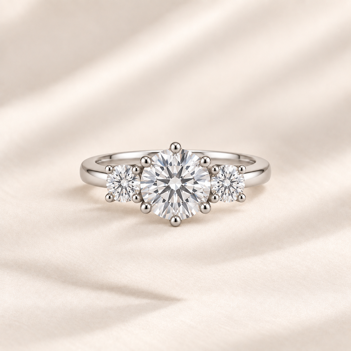 Philologi round moissanite three-stone ring with 2ct centre on warm ivory silk