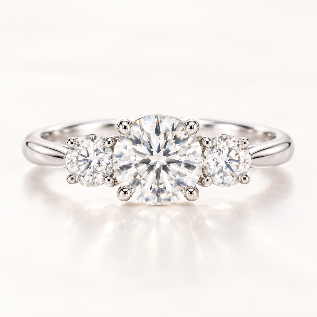 Round moissanite three-stone ring in 925 sterling silver, front view