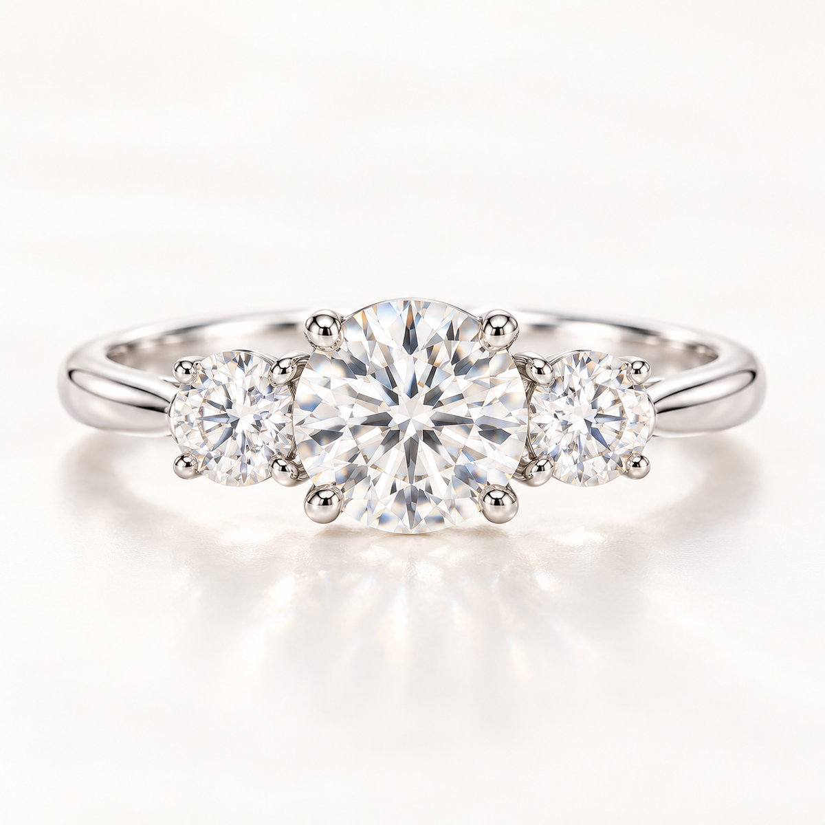 Round moissanite three-stone ring in 925 sterling silver, front view